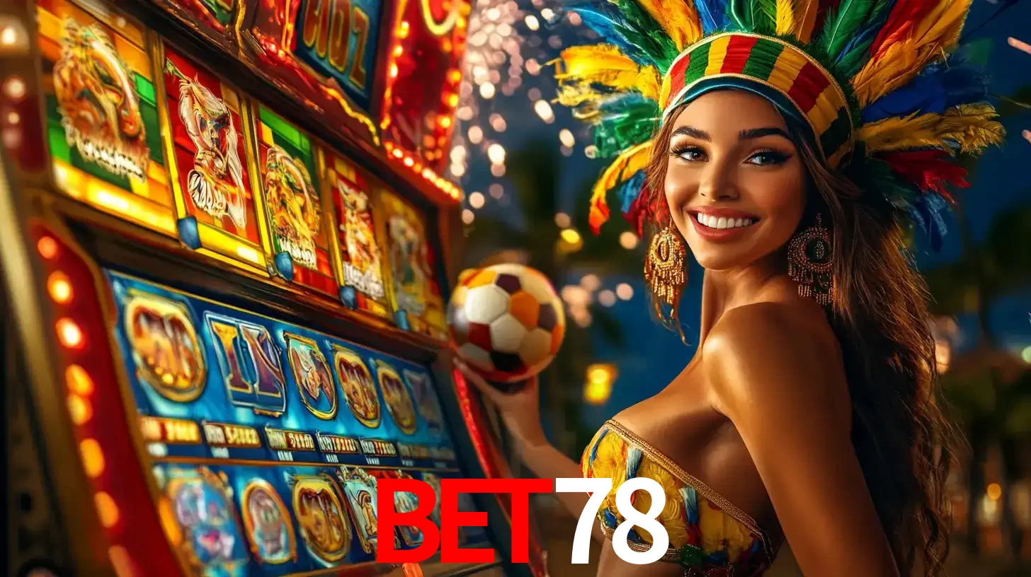 Mulher com um cocar de carnaval ao lado de uma máquina de caça-níqueis enquanto segura uma bola de futebol, mostrando a união da diversão de cassino e esportes no bet78.