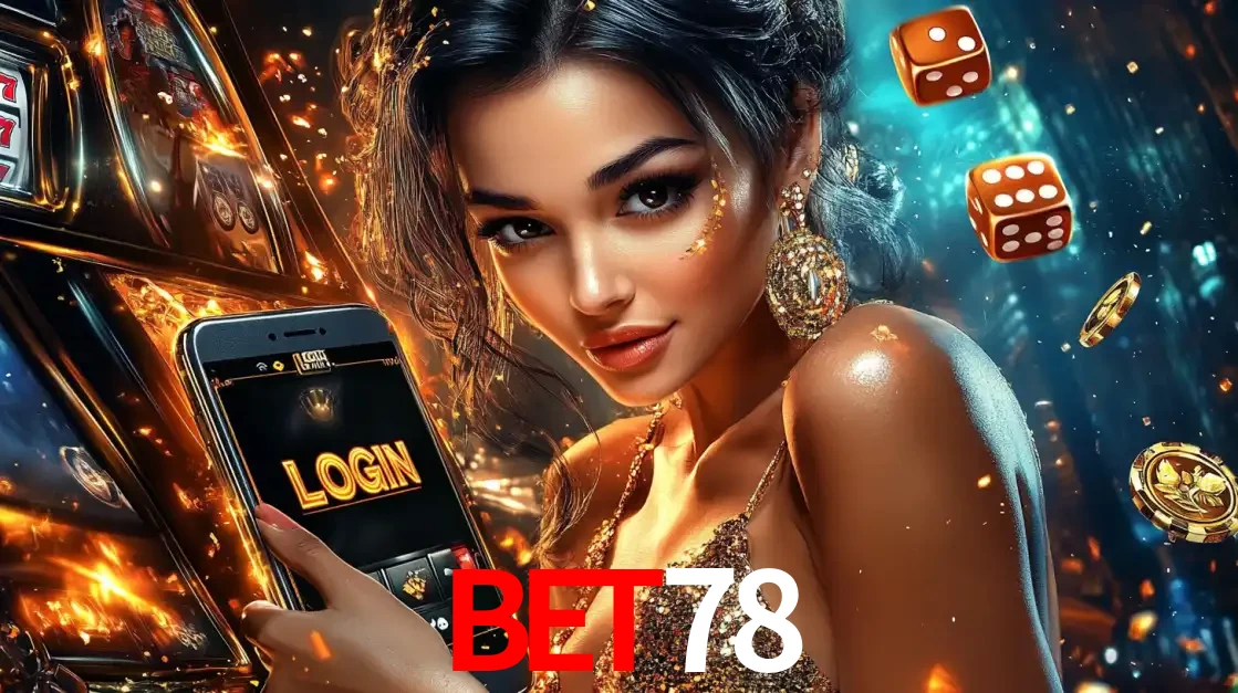 Mulher glamourosa segurando um celular com a tela de login do cassino bet78, rodeada por dados e moedas douradas, pronta para começar a diversão.