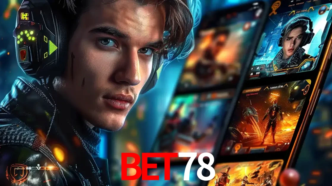 Jovem jogador com fones de ouvido olhando para a câmera, com um aplicativo de jogos e e-sports para celular ao fundo, pronto para a competição e apostas no bet78.