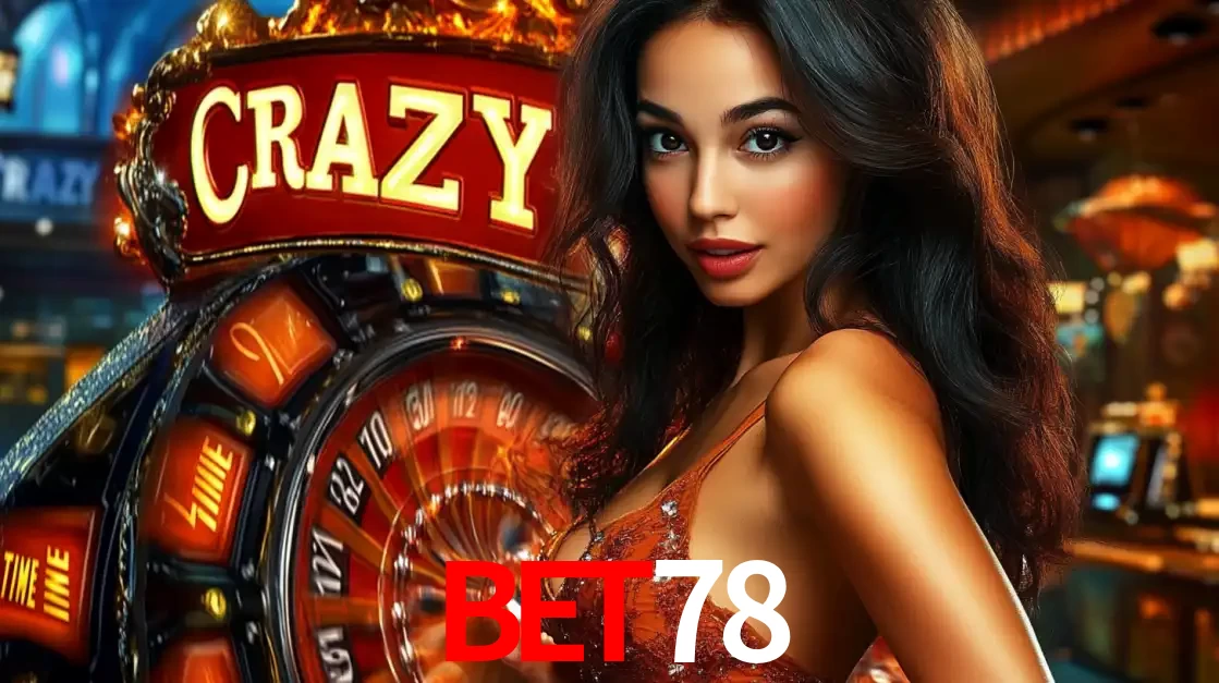 Mulher glamourosa olhando para a câmera com a roda vermelha do Crazy Time ao fundo em um ambiente de cassino, destacando a emoção dos jogos ao vivo no bet78.