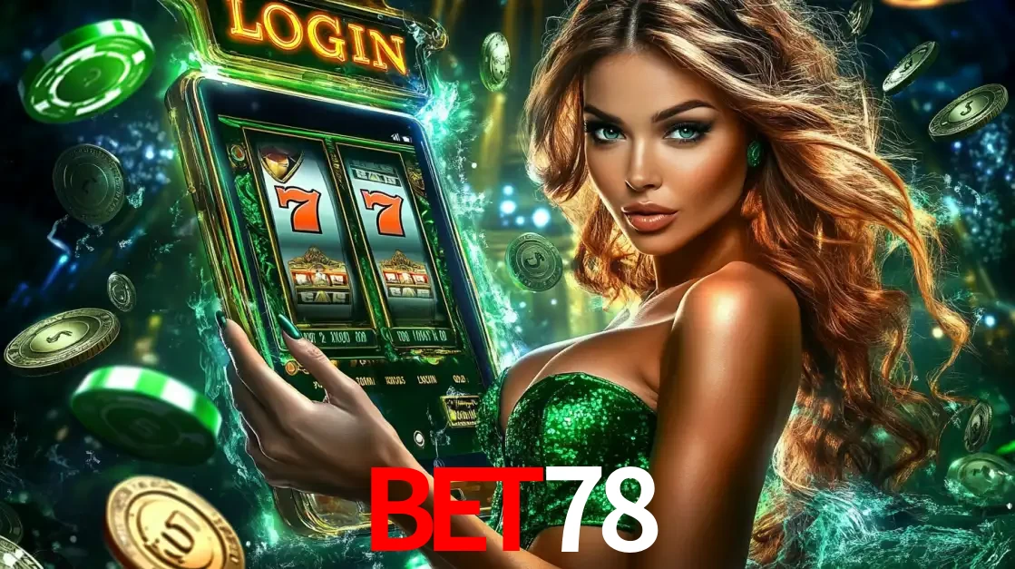 Mulher com tema verde apresentando o aplicativo do cassino bet78 com um jogo de slot de 777, cercada por fichas de cassino e uma aura de sorte.