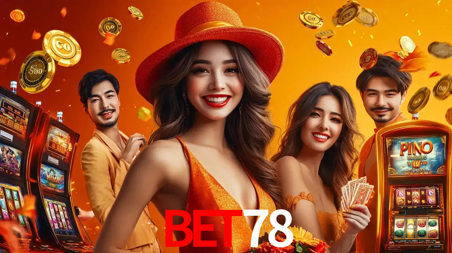 Grupo de amigos asiáticos sorrindo e se divertindo com máquinas de caça-níqueis em um ambiente festivo, celebrando suas vitórias nos jogos de cassino do bet78.