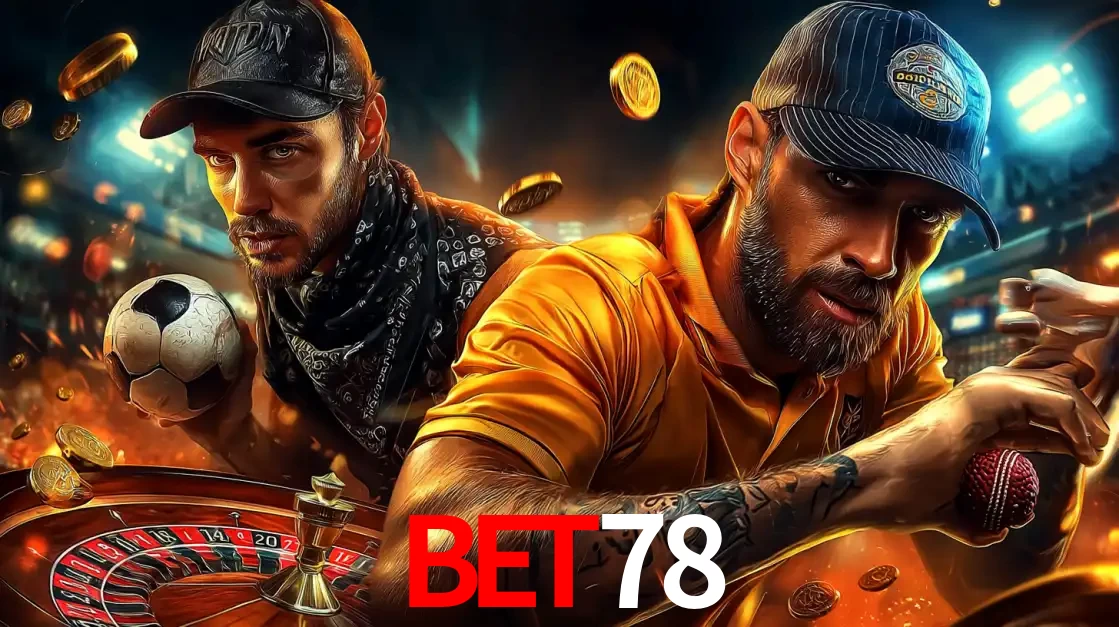 Montagem de apostas esportivas e cassino no bet78, com um homem segurando uma bola de futebol e outro uma de beisebol sobre uma roleta e moedas voadoras.