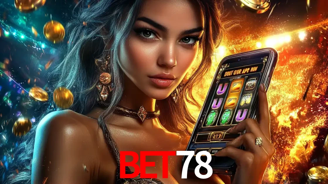Mulher elegante mostrando um jogo de caça-níqueis em seu smartphone, destacando a experiência de cassino móvel oferecida pelo aplicativo bet78.