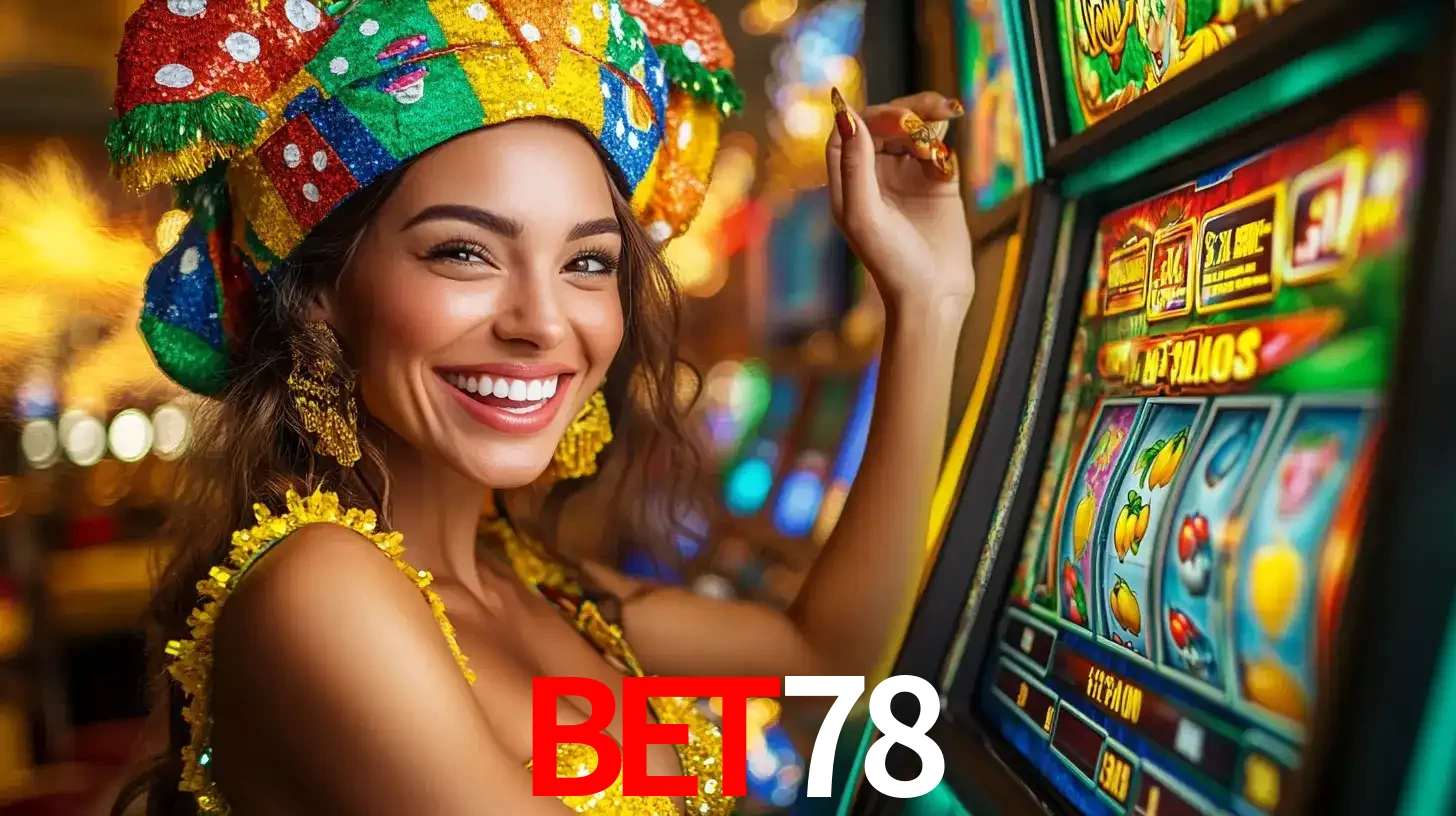 Mulher feliz com traje de carnaval amarelo e colorido ao lado de uma máquina de caça-níqueis, aproveitando a diversão e os jogos temáticos do cassino bet78.